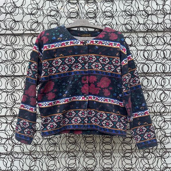 Vintage Eddie Bauer Knit Floral Fair Isle All Over Print Button Up Cardigan SP - Picture 1 of 8